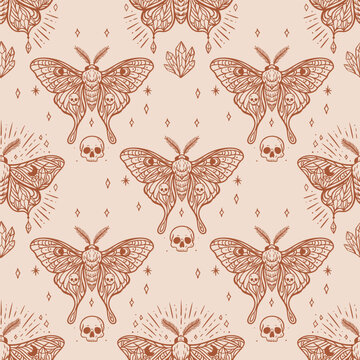 Seamless mystical moth pattern with skulls and crystals in terracotta line art