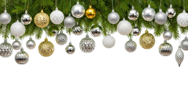 Christmas tree ornaments hanging from green branches isolated on a transparent background silver - Powered by Adobe