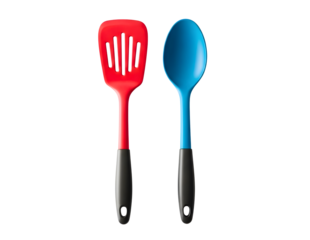 Red slotted spatula and blue spoon isolated on transparent background