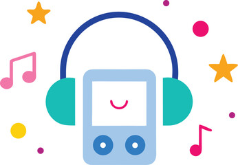 Vector music player illustration with floating notes and stars scalable eps graphic