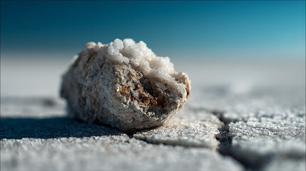 Close up macro shot of a salt crystal cluster on dry cracked earth