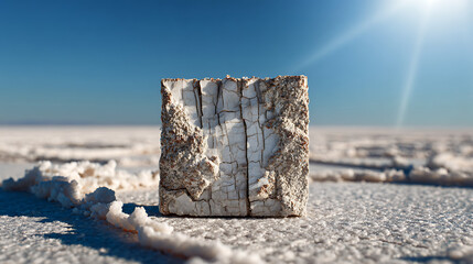 Weathered Salt Block Standing on Arid Salt Flat Under Bright Desert Sun
