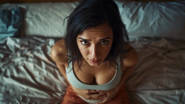 Clutching woman holding abdomen, breathing with pain on rumpled bed in gray bra and orange leggings