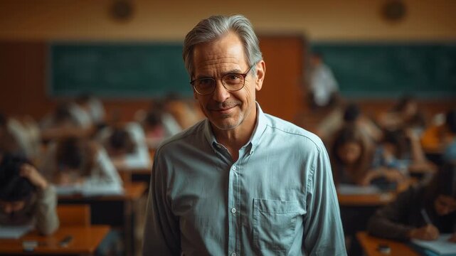 Stepping forward teacher with glasses blue shirt monitoring class writing exam as exam starting
