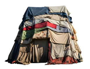 Makeshift shelter constructed from layered fabrics isolated on transparent background