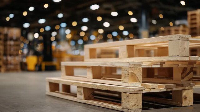 Close-up industrial scene of clean, newly built wooden pallets arranged in rows, rich golden hues of pine under ambient warehouse illumination