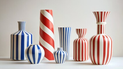 Collection of decorative striped vases grouped, on a studio table, for home decoration