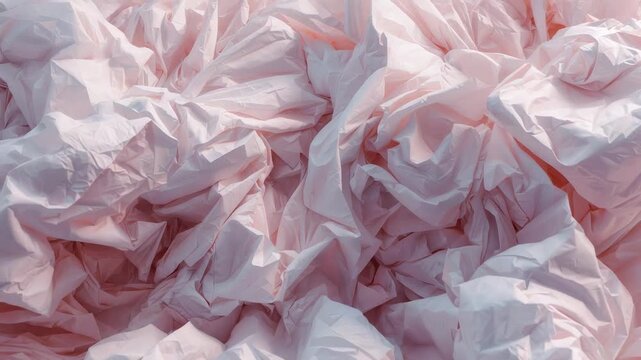 Shifting crumpled pale pink sheet pile catching studio light shifts on tabletop, revealing texture