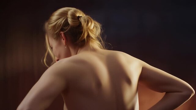 Leaning forward, woman bringing hands to bare back in studio, adjusting posture with bun and stud