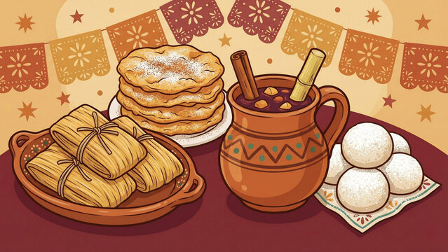 Traditional Mexican holiday food illustration with tamales, ponche, bu&ntilde;uelos and cookies