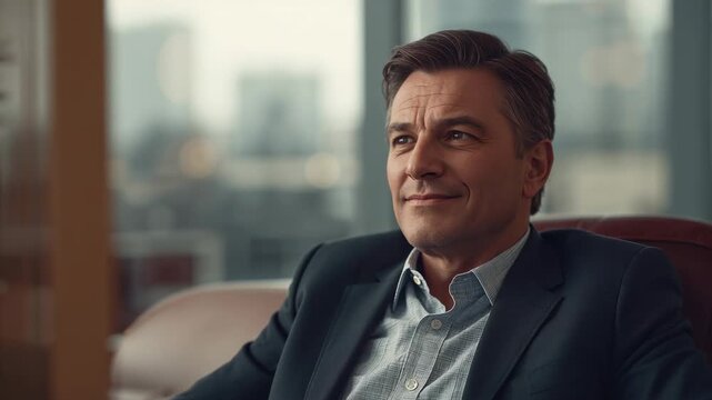 Hearing offscreen cue, exec smiling, eyes closing while reclining in office armchair, navy blazer