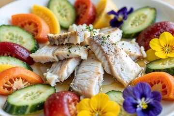 Fresh healthy dinner plate with shrimp salad grilled salmon and chicken vegetables