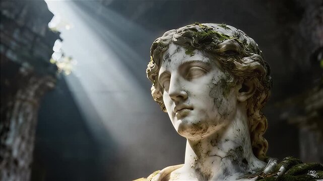 Una estatua de mármol de la antigua con la superficie erosionada y cubierta de musgo 