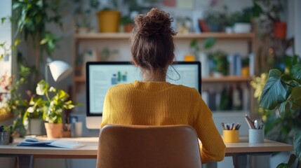 A girl in a yellow jumper works at a computer surrounded by greenery, creating a cosy home backdrop for articles about remote working or organising your workspace.