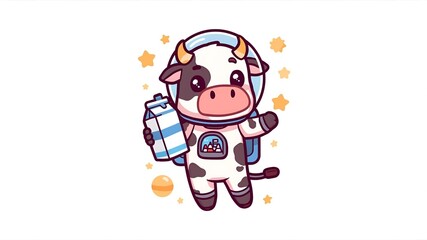 Cute cartoon cow astronaut holding milk in space-themed illustration