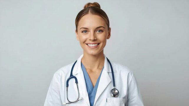 Recording starting doctor in lab coat and scrubs keeping smile for clinic portrait with stethoscope