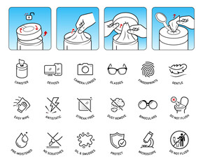 Set icons for lens cleaning products with user instruction. Suitable for eyeglasses, camera lens, and other optical devices. The outline icons are well scalable and editable. EPS10.