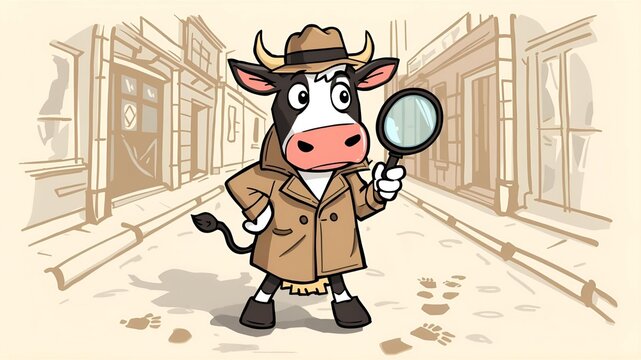 Cartoon detective cow with magnifying glass in vintage street setting