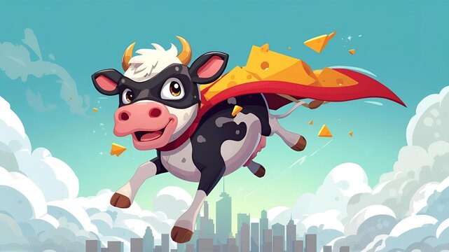 Cartoon superhero cow flying over city skyline with cape