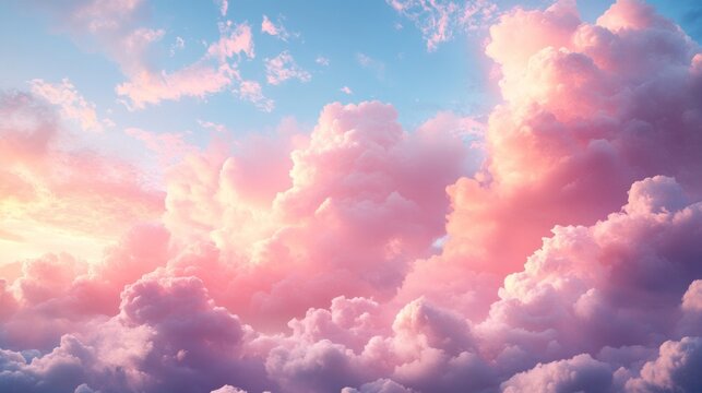 Pink clouds at sunset, bathed in soft light, create a romantic atmosphere that is perfect for an atmospheric backdrop in interior design.