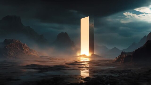 A mysterious monolith stands illuminated in a dark, surreal landscape, surrounded by jagged mountains and reflective waters, evoking a sense of wonder and exploration