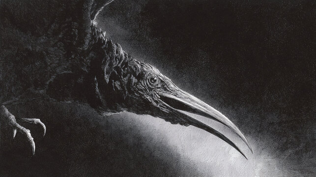 A dark artwork of raven close up in grayscale. The raven's beak is long and sharp, suggesting intelligence or a predatory nature