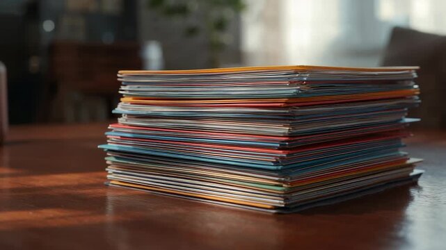 Sunlight shifting, stack of bright envelopes sitting on table near window, showing layered edges