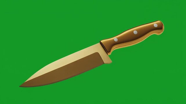 A chef&rsquo;s knife with a metallic blade and brown riveted handle, displayed against a vivid green background, emphasizing its sharpness and utilitarian design.