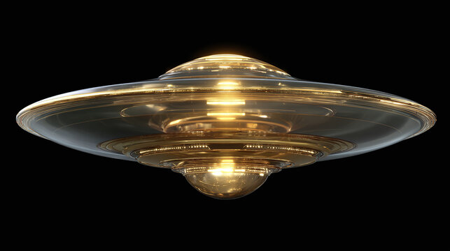 A metallic UFO hovering against a dark expanse, hinting at the unknown mysteries of the universe. The craft glows with an intriguing luminescence