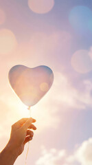 Hand holding heart shape against soft pastel sky with bokeh light