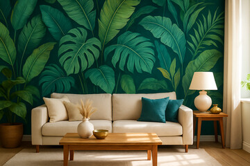 Cozy living room with a beige sofa throw pillows and wooden coffee table set in front of a dramatic large scale dark tropical banana and palm leaf wall mural art