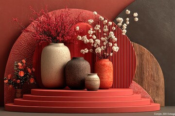 Elegant red podium display with ceramic vases and festive Christmas decor backdrop