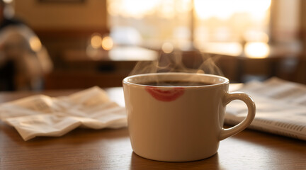 Fototapeta premium A steaming hot coffee cup with a red lipstick kiss mark on the rim. Morning coffee break in a cozy cafe with warm golden light. Still life on a wooden table