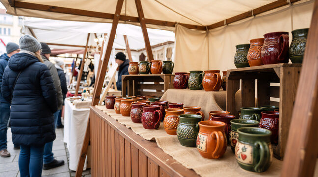 Handmade ceramic mugs on display at a traditional craft market. Artisan pottery stall with souvenirs for sale