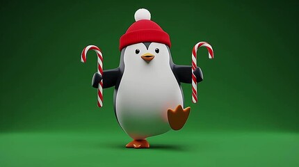 A cute 3D rendered cartoon penguin wearing a red Santa hat and holding two candy canes, standing on a green background. - Powered by Adobe