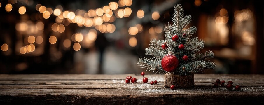 Small Christmas tree with a red ornament on a rustic wooden table, lit by warm holiday lights