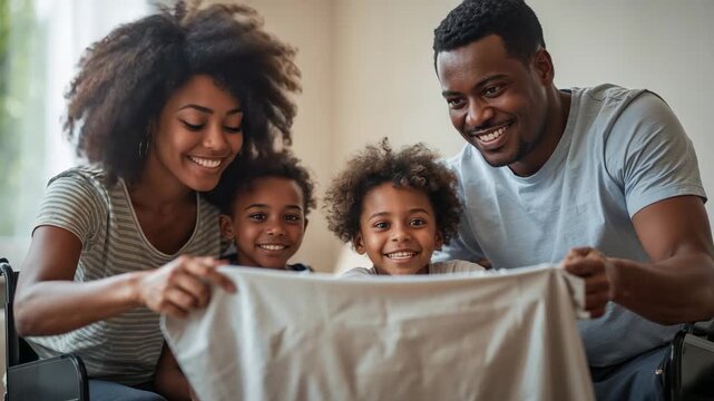Lifting parents holding sheet at home for bonding, children peeking, striped shirt, wheelchair arms