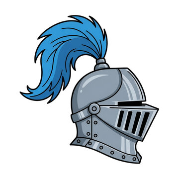 Flat design knight's helmet, steel visor closed, blue plume, ideal for gaming, medieval themes, history lessons, children's books, app icons, fantasy designs. Isolated on transparent background.