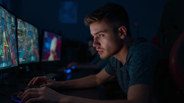 Match starting, gamer in dark tee leaning inputting commands on keyboard, mouse and screens at PC