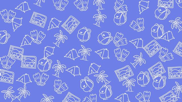 Blue travel-themed background perfect for travel blogs, vacation advertisements, and tourism brochures. Icons of luggage, camera, passport, and map.