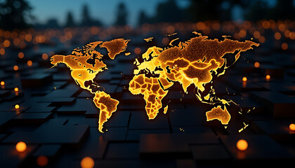Glowing Digital World Map on Dark Background