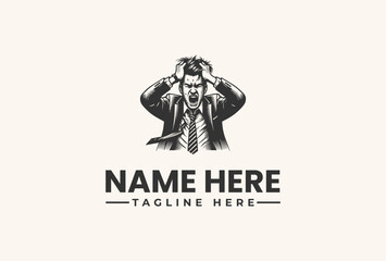 A black and white illustration of a stressed businessman holding his head in a suit and tie, with a placeholder name and tagline on a plain background, in a vector logo design.