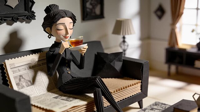 Papercraft woman character sipping tea on a sofa in a living room diorama featuring corrugated cardboard textures, vintage newspaper details, and a stop motion animation style