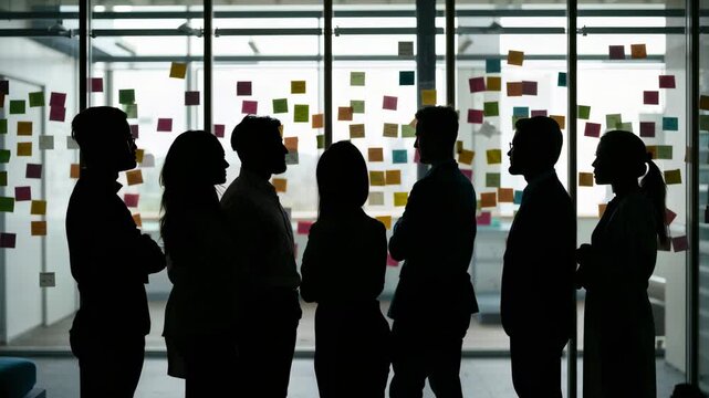 Standing seven staff in suits following central gesture, reviewing post-its on glass wall in office