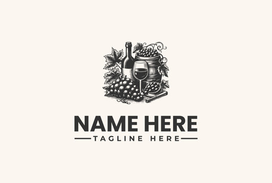 Vector logo illustration of a wine bottle and grapes on a wooden barrel with a blank name and tagline on a beige background.