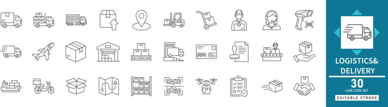 Logistics delivery line icon set featuring shipping cargo truck, warehouse freight box, courier distribution service, and order tracking map vector symbols