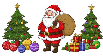 Santa claus with christmas trees and gifts