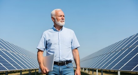 Mature engineer with laptop inspects solar farm panels for renewable energy production