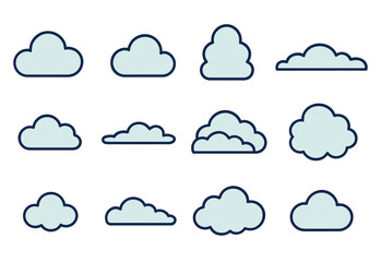 Obraz premium Variety of cartoon cloud shapes with blue outlines on white background