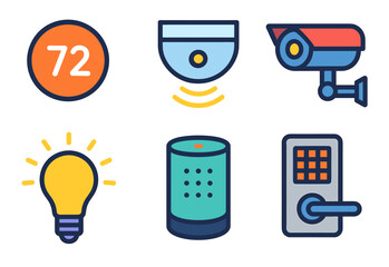 Smart home device icons: thermostat, security cameras, lightbulb, smart speaker, door lock
